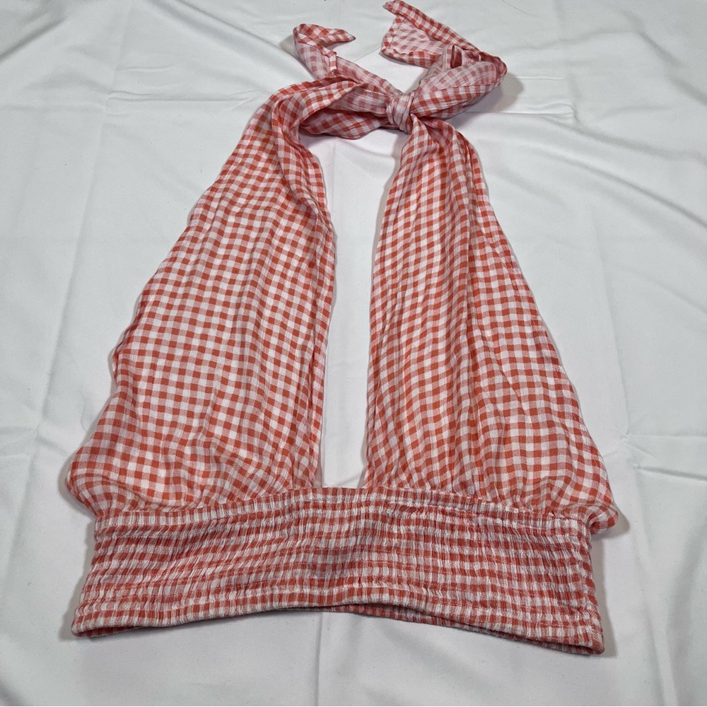 Princess Polly Red White Gingham Check Halter Crop‎ Top Elastic Hem Size 10
